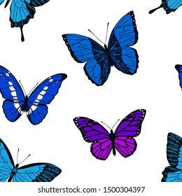Seamless pattern of cute butterflies. Vector cartoon background. Hand-drawn style.