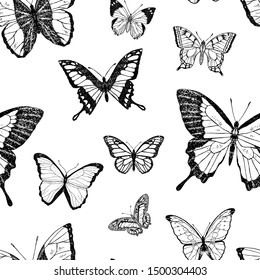 Seamless pattern of cute butterflies. Vector cartoon background. Hand-drawn style.