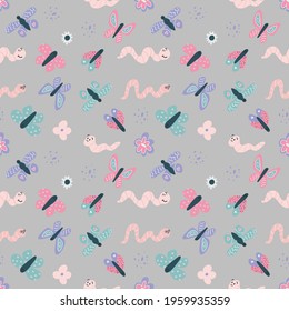 Seamless pattern with cute butterflies, worms and flowers. Vector simple hand drawn illustration in cute scandinavian style
