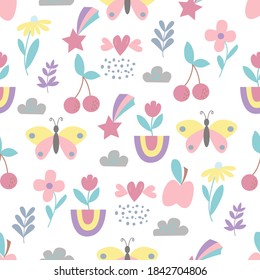 Seamless pattern with cute butterfly, apple, flowers, leaves, berries and clouds. For decorating wallpapers, covers, prints for childrens clothing, pajamas, t-shirts.