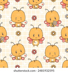 Seamless pattern with cute butterfly character on checkered yellow background. Vector illustration. Cartoon insect kawaii meditating in asana and funny sits with chamomile flower. Kids collection