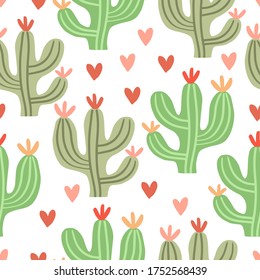 Seamless pattern "cute cacti among hearts." Illustration for textile, baby clothes, wallpaper.