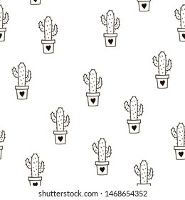 Seamless pattern with cute cacti. Black and white vector template.