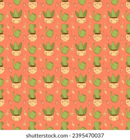 Seamless pattern with cute cacti characters on a pink background. Flat color vector illustration.