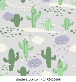Seamless pattern with cute cacti and clouds on a gray background.