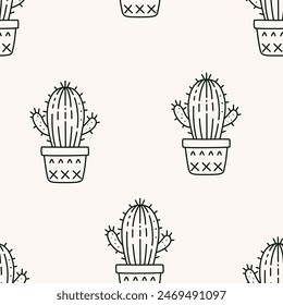 Seamless pattern with cute cacti in doodle style. Vector illustration for printing. Cute children's background.