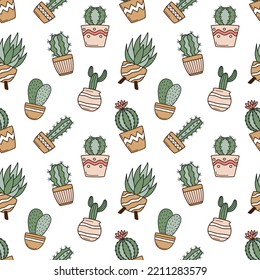 Seamless Pattern With Cute Cacti In Flower Pots