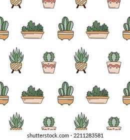 Seamless Pattern With Cute Cacti In Flower Pots