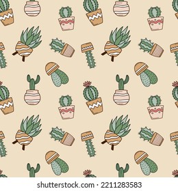 Seamless Pattern With Cute Cacti In Flower Pots