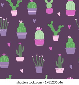 Seamless pattern with cute cacti and hearts. Vector flat illustration on a purple background. Can be used as clothing design, textiles, bed linen, stationery, packaging paper, wallpaper.