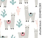 Seamless pattern with cute cacti and llama animals on a white background. Vector illustration for printing on fabric, packaging paper, clothing. Cute children