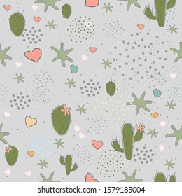 Seamless Pattern with Cute Cacti on cute background. Scandinavian Style. 