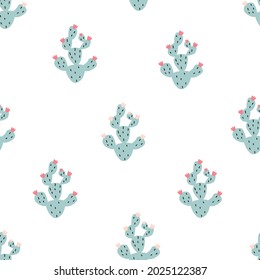 Seamless pattern with cute cacti on a white background. Vector illustration for printing on fabric, packaging paper, clothing. Cute children's background
