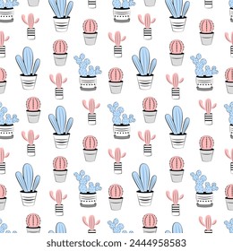 Seamless pattern with cute cacti on white background