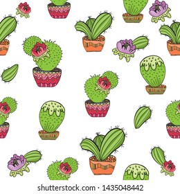 Seamless pattern of cute cacti, wallpaper, texture. Cartoon style. Can be used for cards, wallpapers, covers, clothes, fabrics.