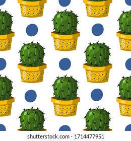 Patrón sin inconvenientes con los cactus lindos al estilo de las caricaturas y puntos en blanco. Ilustración vectorial.