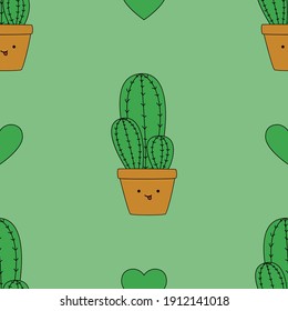 Seamless pattern with cute cactus character and hearts.