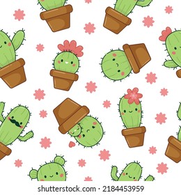 Seamless pattern with cute cactus in flowerpots on white background. Kawaii cartoon plants. Ideal for wallpaper, texture, wrapping paper and textile prints. Vector illustration.