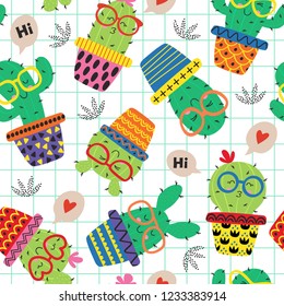 seamless pattern with cute cactus in glasses - vector illustration, eps