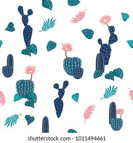 Seamless pattern with cute cactus and hand drawn textures.Perfect for fabric,textile.Vector background on white.