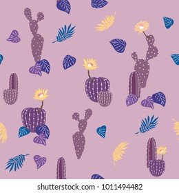 Seamless pattern with cute cactus and hand drawn textures.Perfect for fabric,textile.Vector background on lilac violet color background