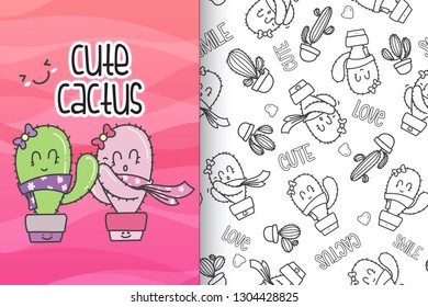 Seamless pattern with cute cactus hand drawn elements. Creative childish texture. Great for fabric  textile Vector Illustration - Vector