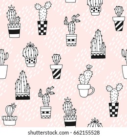 Seamless pattern with cute cactus and hand drawn textures.Perfect for fabric,textile.Vector background.