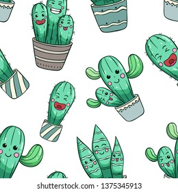 Seamless pattern of cute cactus with kawaii face or expression