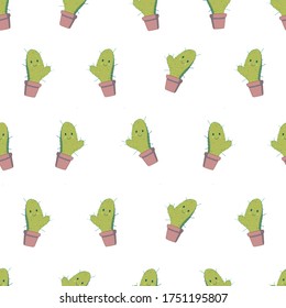 Seamless pattern of cute cactus on white background. Vector 8 EPS