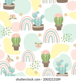 Seamless pattern with cute cactus on a summer background. Vector illustration.