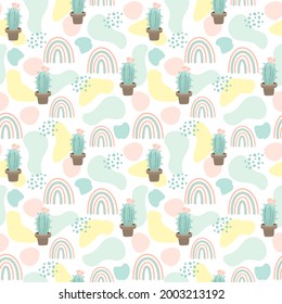 Seamless pattern with cute cactus on a summer background. Vector illustration.