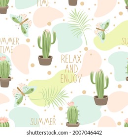 Seamless pattern with cute cactus on a summer background. Vector illustration.
