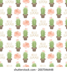 Seamless pattern with cute cactus on a summer background. Vector illustration.
