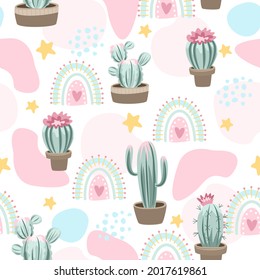 Seamless pattern with cute cactus on a summer background abstract. Vector illustration.