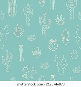 Seamless pattern with cute cactus on a turquoise background. Light blue digital paper with cacti,  vector childish background for fabric, textile.