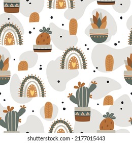 Seamless pattern with cute cactus on a summer background abstract. Vector illustration.