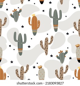 Seamless pattern with cute cactus on a summer background abstract. Vector illustration.