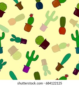 Seamless pattern with cute cactus on yellow background. Vector illustration