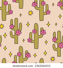 Seamless pattern with cute cactuses and flowers. Vector flat background in western style