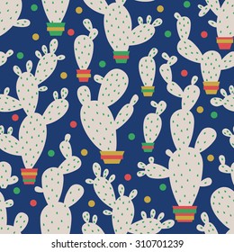 Seamless pattern with cute cactuses in pots. Vector illustration.