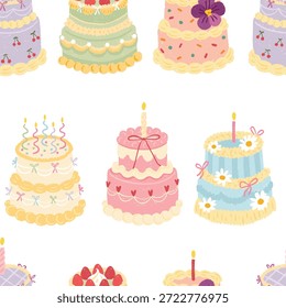 Patrón sin fisuras con pasteles lindos para la celebración de cumpleaños cuenta con coloridos postres, velas, flores y bayas en estilo doodle para niños textiles de embalaje de tela, papelería. Vector pastel texturizado