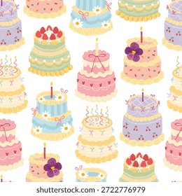 Patrón sin fisuras con pasteles lindos para la celebración de cumpleaños cuenta con coloridos postres, velas, flores y bayas en estilo doodle para niños textiles de embalaje de tela, papelería. Vector pastel texturizado