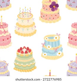 Patrón sin fisuras con pasteles lindos para la celebración de cumpleaños cuenta con coloridos postres, velas, flores y bayas en estilo doodle para niños textiles de embalaje de tela, papelería. Vector pastel texturizado