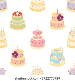 Seamless pattern with cute cakes for birthday celebration features colorful dessert, candles flowers and berries in doodle style for kids textiles packaging fabric, stationery. Textured pastel vector