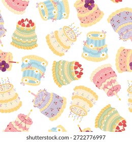 Patrón sin fisuras con pasteles lindos para la celebración de cumpleaños cuenta con coloridos postres, velas, flores y bayas en estilo doodle para niños textiles de embalaje de tela, papelería. Vector pastel texturizado