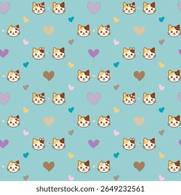 Seamless pattern with cute calico cat faces and hand-drawn hearts in pastel tone. Ideal for baby products, pet-themed textiles, wrapping paper, and children’s stationery.