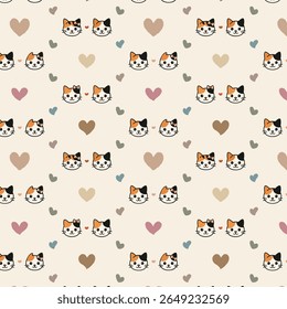 Seamless pattern with cute calico cat faces and hand-drawn hearts in soft earth tones. Ideal for baby products, pet-themed textiles, wrapping paper, and children’s stationery.