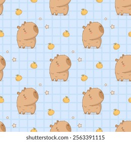 Seamless pattern. Cute calm Capybara on blue checkered background with tangerine. Funny cartoon kawaii character backdrop. Vector illustration. Kids collection