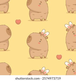 Seamless pattern. Cute calm Easter Capybara with Bunny Ears on yellow background. Holiday cartoon kawaii character backdrop. Vector illustration. Kids collection