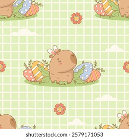 Seamless pattern. Cute calm Easter Capybara with Eggs on checkered green background with flowers. Holiday cartoon kawaii character backdrop. Vector illustration. Kids collection